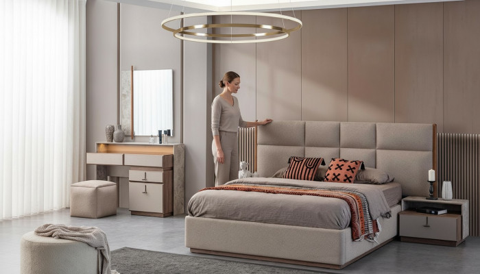 Luxus Schlofzëmmermiwwelen Duebelbett Nuetsdëscher Gro 6-Deeler Schaftt Bett