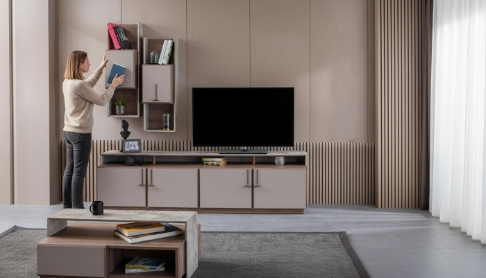 TV Stänner Wandkierfecht Sideboard RTV Niddrecheboard Gro Wäinstuff Holz