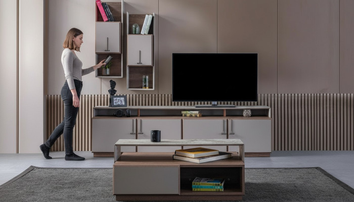 Grupp Wunnzëmmer TV Ständer Mauer Schief Lowboard Gro Sofadësch 3tlg