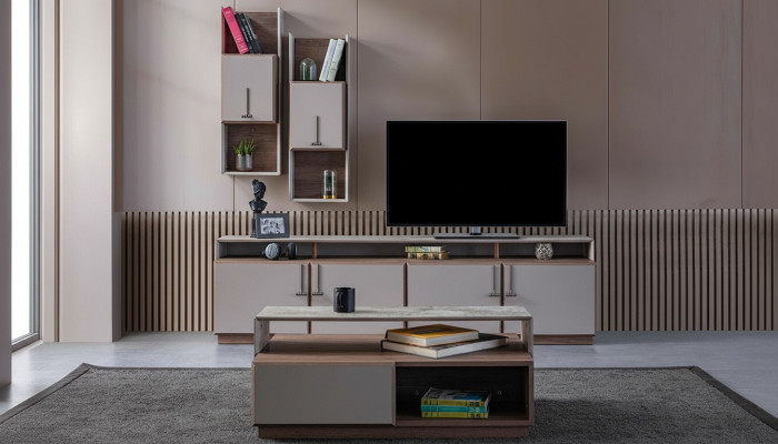Grupp Wunnzëmmer TV Ständer Mauer Schief Lowboard Gro Sofadësch 3tlg