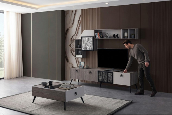 Grupp Wunnzëmmer TV-Ständer Wandkëschten Lowboard Gro Sofadësch 3tlg