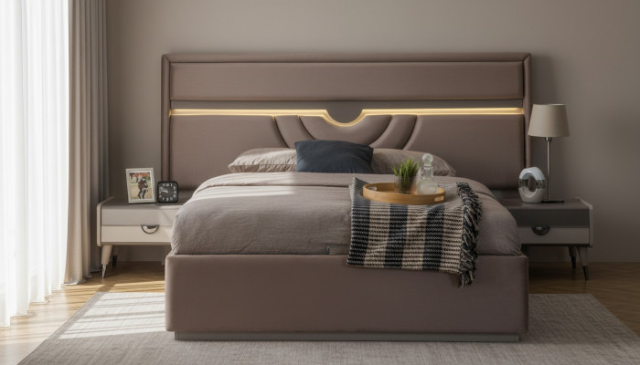 Duebelbett Schlofzëmmer Bett Nuetsdëscher Beige Set 3 Deeler Bettkëschten