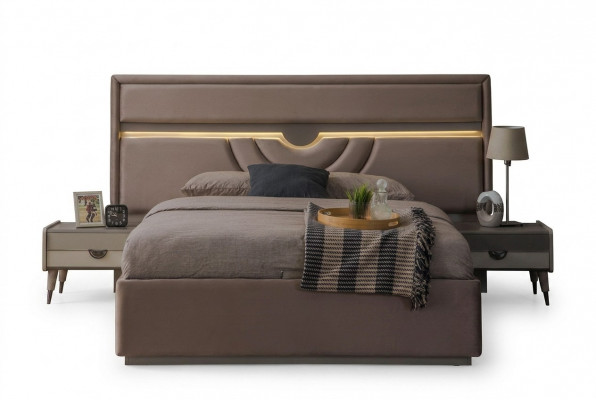 Duebelbett Schlofzëmmer Bett Nuetsdëscher Beige Set 3 Deeler Bettkëschten