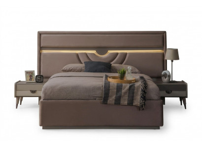 Duebelbett Schlofzëmmer Bett Nuetsdëscher Beige Set 3 Deeler Bettkëschten