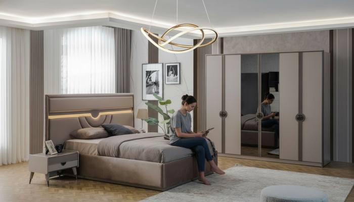Doppelbett Komplett Schlofzëmmerméiwele Bett Nuetsdëscher Beige 4 Stéck