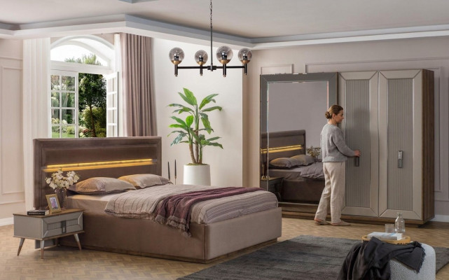 Beige Schlofzëmmer Garnitur Modern Duebelbett Glas Kleederschaf 4tlg