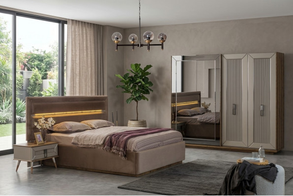 Beige Schlofzëmmer Garnitur Modern Duebelbett Glas Kleederschaf 4tlg