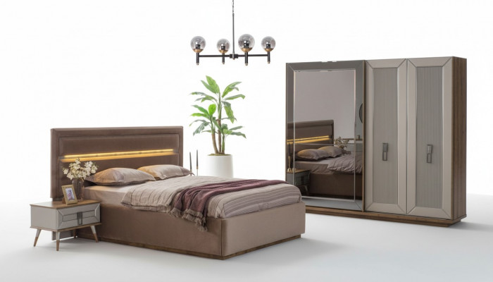 Beige Schlofzëmmer Garnitur Modern Duebelbett Glas Kleederschaf 4tlg