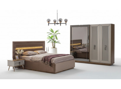 Beige Schlofzëmmer Garnitur Modern Duebelbett Glas Kleederschaf 4tlg