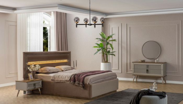 Beige Schlofzëmmer Luxus Miwwelen Designer Duebelbett 2x Nuetsdëscher 5 Deeler.
