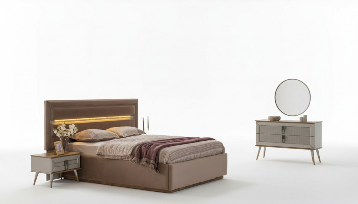 Beige Schlofzëmmer Luxus Miwwelen Designer Duebelbett 2x Nuetsdëscher 5 Deeler.