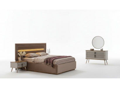 Beige Schlofzëmmer Luxus Miwwelen Designer Duebelbett 2x Nuetsdëscher 5 Deeler.