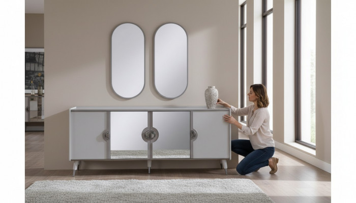Grau Miwwelen Garnitur Designer 4-Dieren Sideboard Exklusive Spigel 3 Deeler