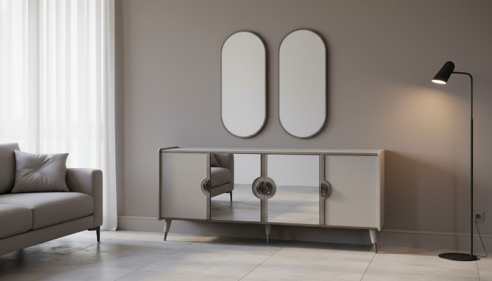 Grau Miwwelen Garnitur Designer 4-Dieren Sideboard Exklusive Spigel 3 Deeler