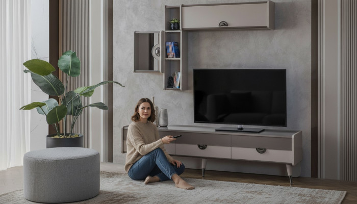 Beige Wunnzëmmer Sideboard Robuste TV-Stander Lowboard Luxus Regaler