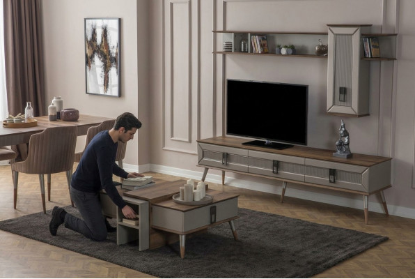Designer Wunnzëmmer Garnitur TV-Stänner Holz Regaler Couchtësch RTV Nei