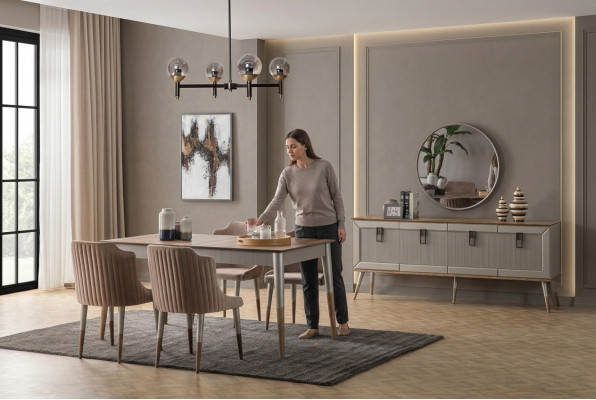 Beige Iesszëmmer Set Rektangulären Holz Dësch 6x Polsterstill 7tlg