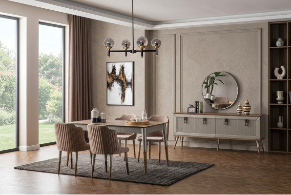 Beige Iesszëmmer Set Rektangulären Holz Dësch 6x Polsterstill 7tlg