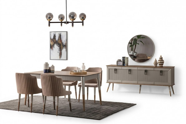 Beige Iesszëmmer Set Rektangulären Holz Dësch 6x Polsterstill 7tlg