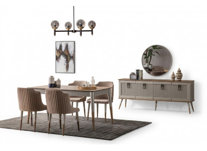 Beige Iesszëmmer Set Rektangulären Holz Dësch 6x Polsterstill 7tlg