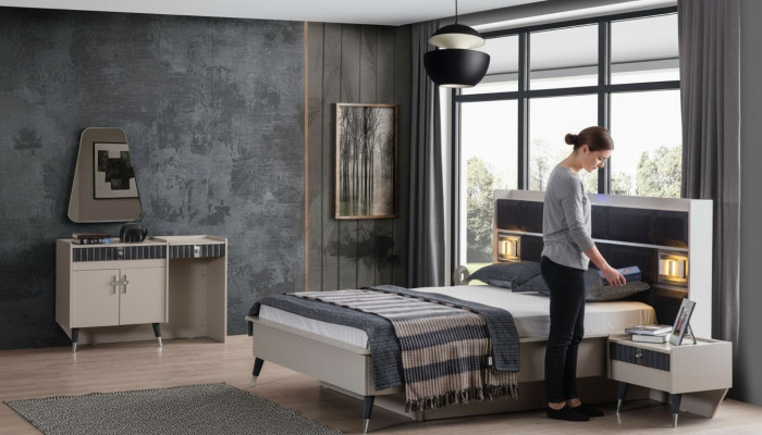 Schlofzëmmer Garnitur Luxus Bett Designer Schminktisch Konsole 5tlg Set