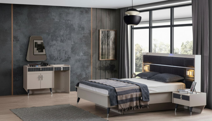 Schlofzëmmer Garnitur Luxus Bett Designer Schminktisch Konsole 5tlg Set