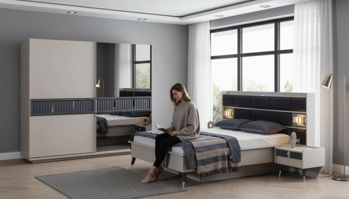 Grouss Schlofkummer Miwwele Designer Bett 2x Nuetsdësch Holz Schaf 4 Deeler