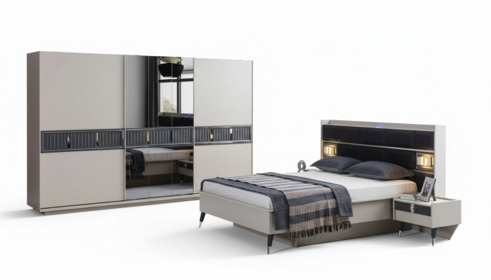 Grouss Schlofkummer Miwwele Designer Bett 2x Nuetsdësch Holz Schaf 4 Deeler