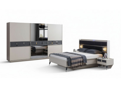 Grouss Schlofkummer Miwwele Designer Bett 2x Nuetsdësch Holz Schaf 4 Deeler