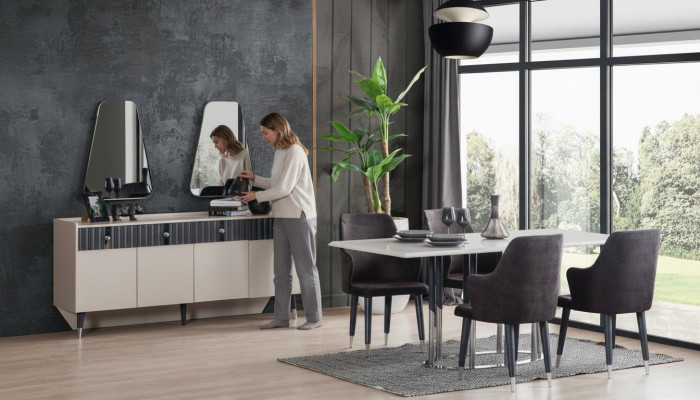 Modern Iessgrupp Rechteckegen Iessdësch 6x Still Sideboard 2x Spigel