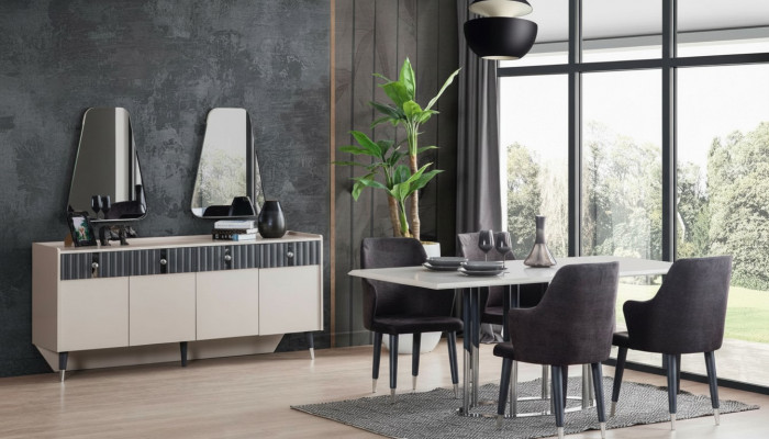 Modern Iessgrupp Rechteckegen Iessdësch 6x Still Sideboard 2x Spigel