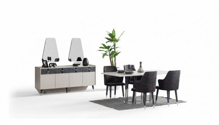 Modern Iessgrupp Rechteckegen Iessdësch 6x Still Sideboard 2x Spigel