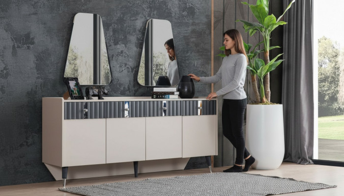 Komplett Garnitur Designer Beige Anrichte Sideboard 2x Spigel 3-deeler Set