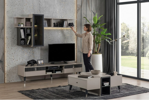 Wunnzëmmer Set Designer RTV-Stänner Luxus Holzbrietera Couchtisch 3-deleg