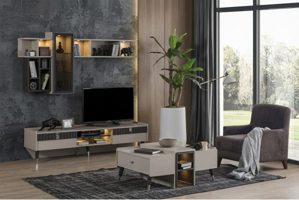 Wunnzëmmer Set Designer RTV-Stänner Luxus Holzbrietera Couchtisch 3-deleg