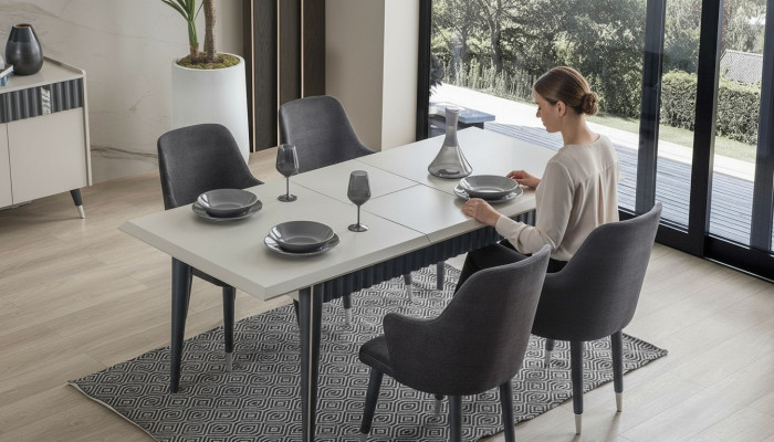 Designer rechteckegen wäissen Iessdësch 6x gro gepolsterte Still 7-Teile Set
