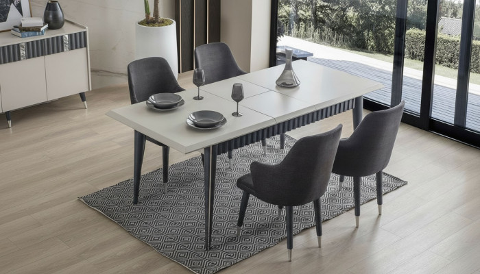 Designer rechteckegen wäissen Iessdësch 6x gro gepolsterte Still 7-Teile Set