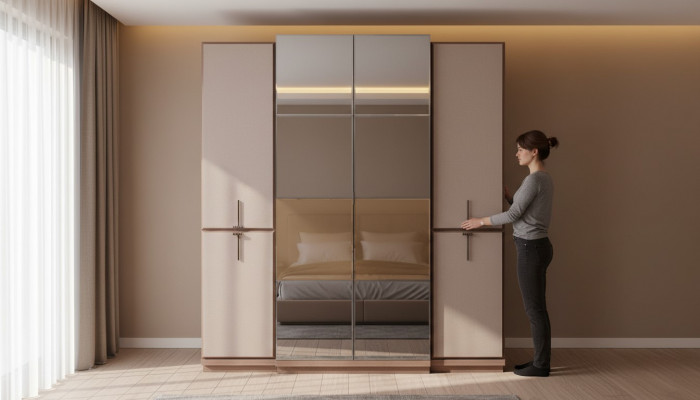 Beige Schlofzëmmer Schaf Designer Holz Kleederschaf Glasschaf Nei