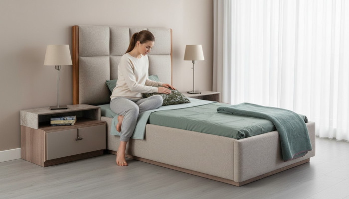 Beige Kannerzëmmer Set Designer Eenzelbett Holz Nuetsschaf 2-Deel Set