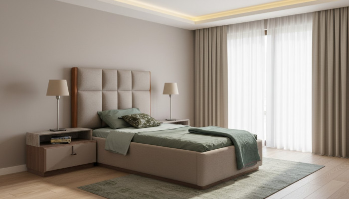 Beige Kannerzëmmer Set Designer Eenzelbett Holz Nuetsschaf 2-Deel Set