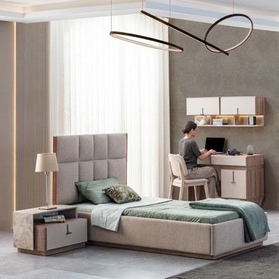 Kannerzëmmer Miwwelen Designer Eenzelbett Holz Nuetsdësch Schreifdësch 4-Deeler-Saz