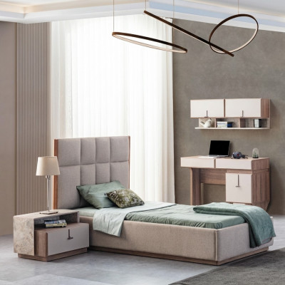 Kannerzëmmer Miwwelen Designer Eenzelbett Holz Nuetsdësch Schreifdësch 4-Deeler-Saz
