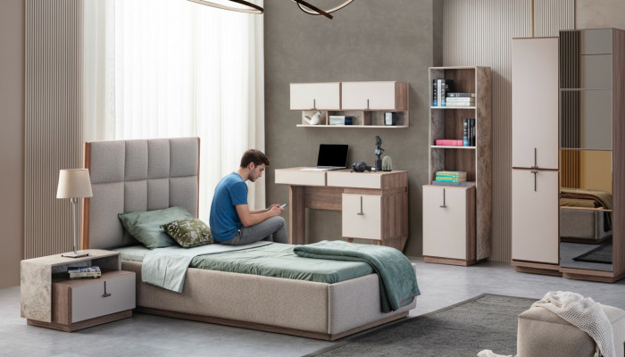 Komplett Kannerzëmmer Garnitur Luxus Bett 1x Nuetseil Bicherregal