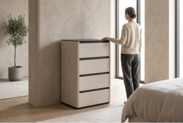 Beige Holz Kommodë 4-dieregen Holzschafschaf Schlofzimmer Edeld Anbauschafschaf