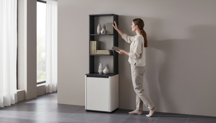 Wäiss-schwaarze Bicherschaf Designer Bicherregal Kanner Steeregal