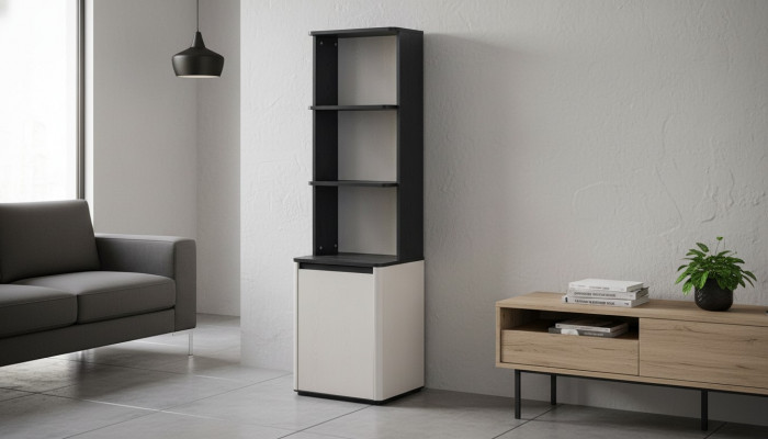Wäiss-schwaarze Bicherschaf Designer Bicherregal Kanner Steeregal