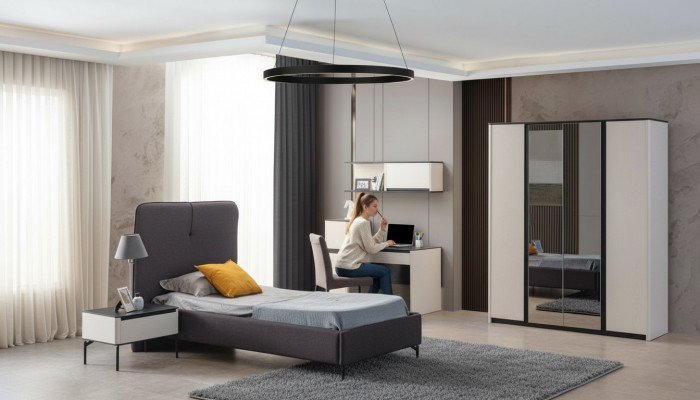 Komplett Kannerzëmmer Miwwelen Bett Nuetsdësch Schreifdësch Kleederschaf