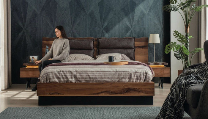 Schlofzëmmer Holz Garnitur Robuste Bett 2x Nuetsdësch 3tlg. Luxus Set