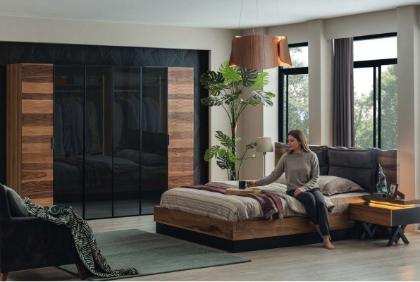 Modern Schlofzëmmer Miwwelen Designer Bett 2x Nopeschdëscher Kleederschaf