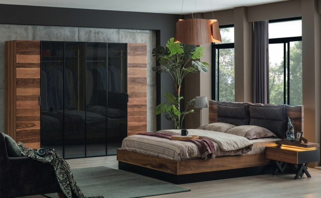 Modern Schlofzëmmer Miwwelen Designer Bett 2x Nopeschdëscher Kleederschaf